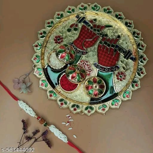 JWELLA Rudraksha Rakhi with Quirky Raksha Bandhan Card, kumkum & Decorative Pooja Thali (18cm) - Pack of 1| Sacred Rakhi Gift Set for Brother | Rakhi Combo for Pyare Bhai