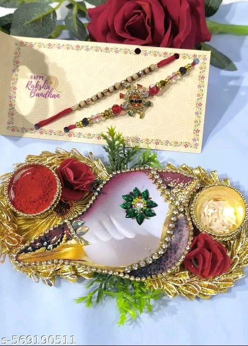 Divine Tortoise Rakhi & Krishna Hand Pooja Thali Set