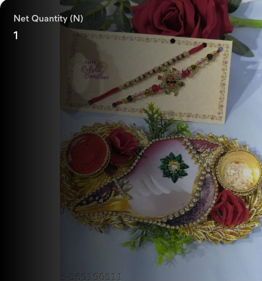 Divine Tortoise Rakhi & Krishna Hand Pooja Thali Set