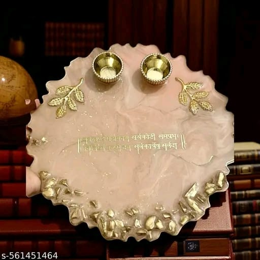 Elegant Marble Finish Pooja Thali with Golden Leaf Accents & Sanskrit Inscription – Premium Decorative Plate for Rituals