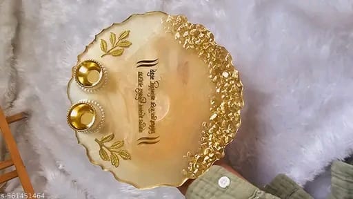 Elegant Marble Finish Pooja Thali with Golden Leaf Accents & Sanskrit Inscription – Premium Decorative Plate for Rituals