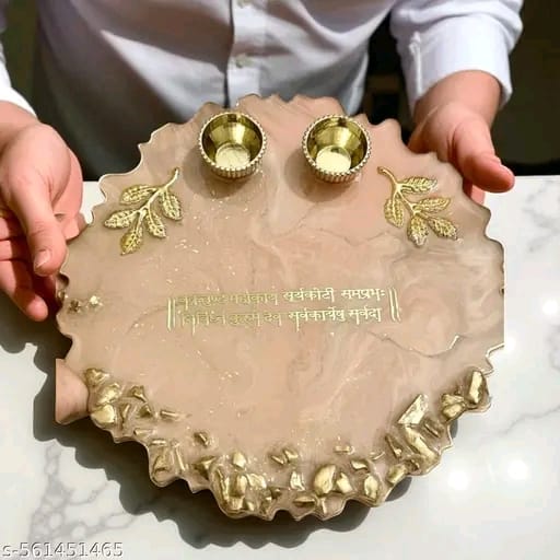 Elegant Marble Finish Pooja Thali with Golden Leaf Accents & Sanskrit Inscription – Premium Decorative Plate for Rituals