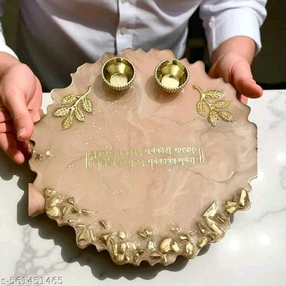 Elegant Marble Finish Pooja Thali with Golden Leaf Accents & Sanskrit Inscription – Premium Decorative Plate for Rituals