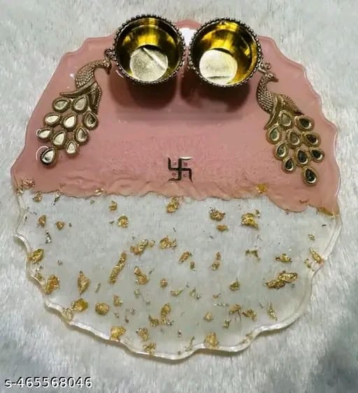 "Royal Peacock Pooja Thali – Dual Tone Resin Plate with Swastik Symbol"