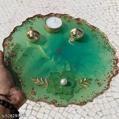 "Emerald Aura Pooja Thali – Om Engraved Resin Plate with Pearl Accent"