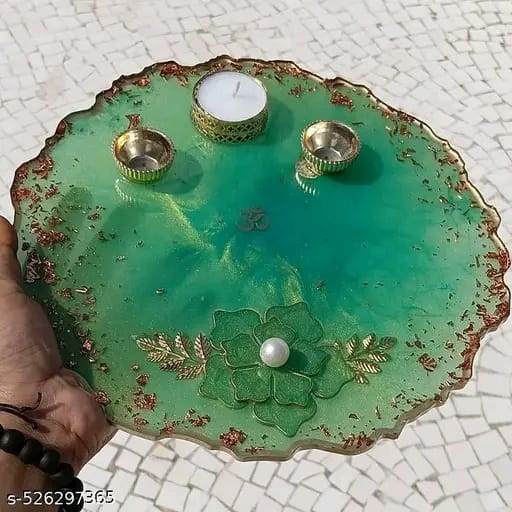 "Emerald Aura Pooja Thali – Om Engraved Resin Plate with Pearl Accent"