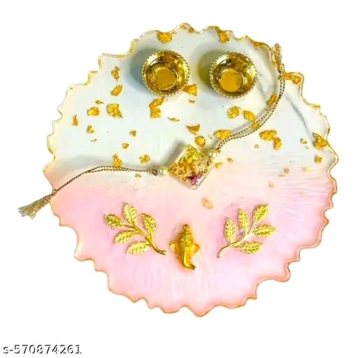"Golden Grace Rakhi Pooja Thali – Elegant Pink & White Resin Plate"