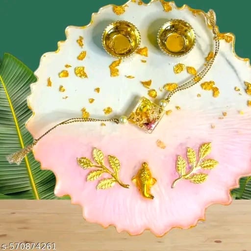 "Golden Grace Rakhi Pooja Thali – Elegant Pink & White Resin Plate"