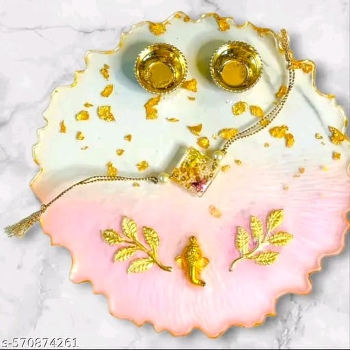 "Golden Grace Rakhi Pooja Thali – Elegant Pink & White Resin Plate"