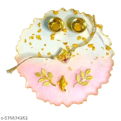 "Golden Grace Rakhi Pooja Thali – Elegant Pink & White Resin Plate"