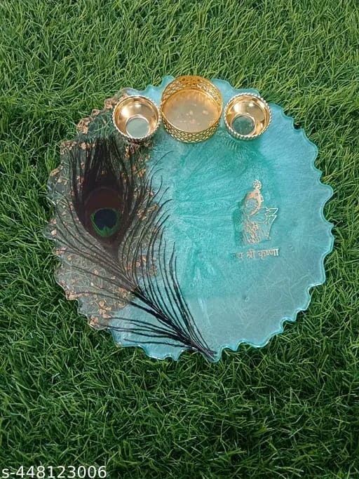 "Peacock Grace Resin Pooja Thali with Krishna Feather & Shree Symbol"