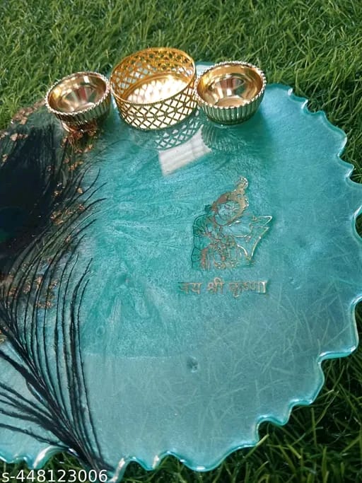 "Peacock Grace Resin Pooja Thali with Krishna Feather & Shree Symbol"