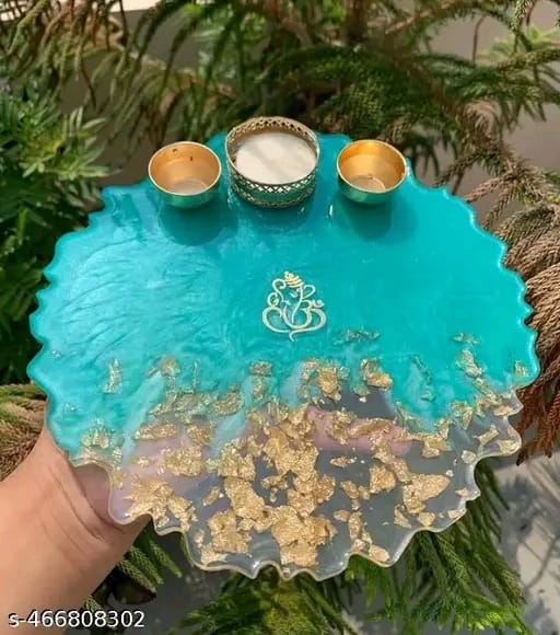 "Divine Ocean Resin Pooja Thali with Ganesha Symbol"