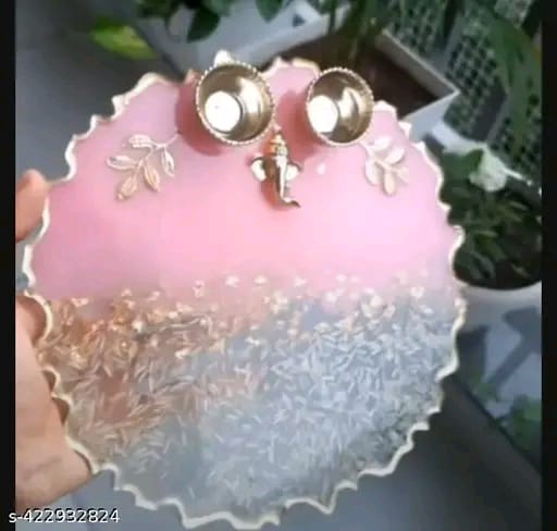 Luxury Resin Pooja Thali with Lord Ganesha Idol & Golden Leaf Embellishments – Elegant Pink & Silver Finish Plate for Festive Rituals