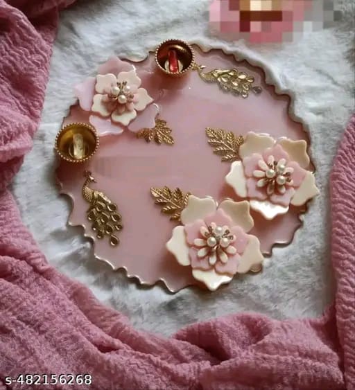 "Blush Bloom Designer Pooja Thali with Floral Embellishments"