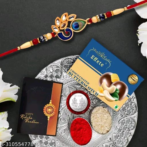 rakhi set of 1 with butter scotch 32Gm With Dish, Silver Color Pooja Coin, Roli Chawal & Greeting Card | Occasion | Rakhi For Brother With Gift | Handmade Rakhi |Rakhi Combo For Brother | Stylish Rakhi For Brother (K1_501_BS32+DS)