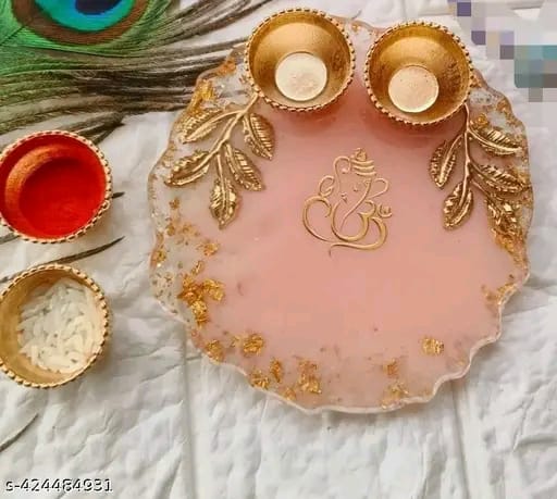 Ganesh Design Resin Pooja Thali – Pink & Gold Festive Plate with Diyas