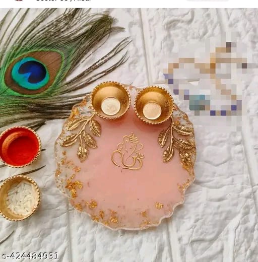 Ganesh Design Resin Pooja Thali – Pink & Gold Festive Plate with Diyas